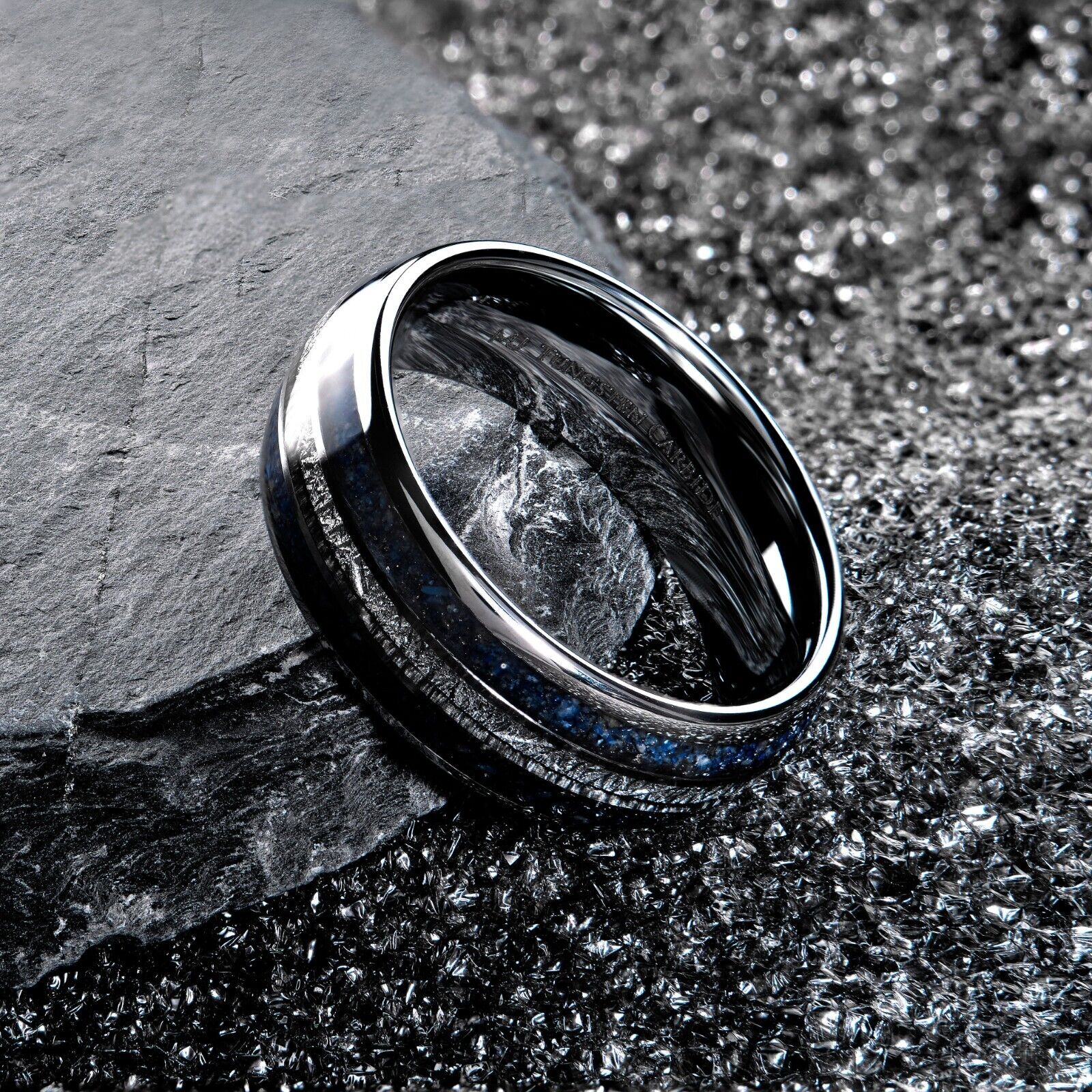 Tungsten Carbide 8mm Polished Finish with Lapis Lazuli and Faux Meteorite Inlay