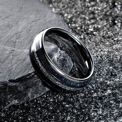 Tungsten Carbide 8mm Polished Finish with Lapis Lazuli and Faux Meteorite Inlay