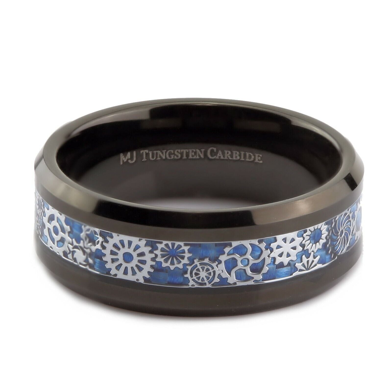 Steampunk Gear Inlay 8mm Polished or Black Plated Tungsten Carbide Wedding Ring