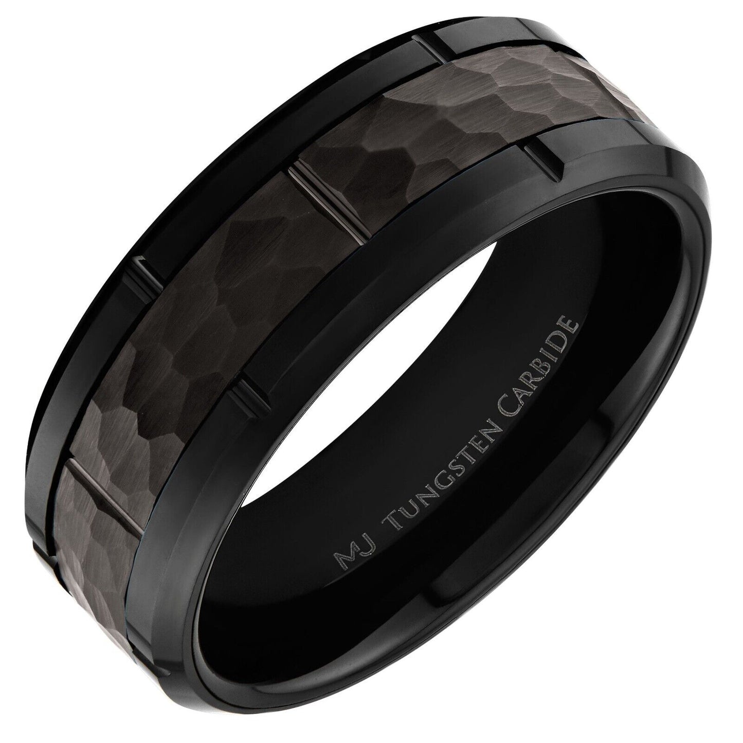 Tungsten Carbide 8mm Band Brushed Hammered Brick Pattern Notched Edges Ring