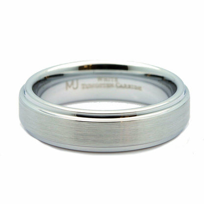 White Tungsten Carbide Brushed Wedding Band Recessed Edge 6mm or 8mm Ring