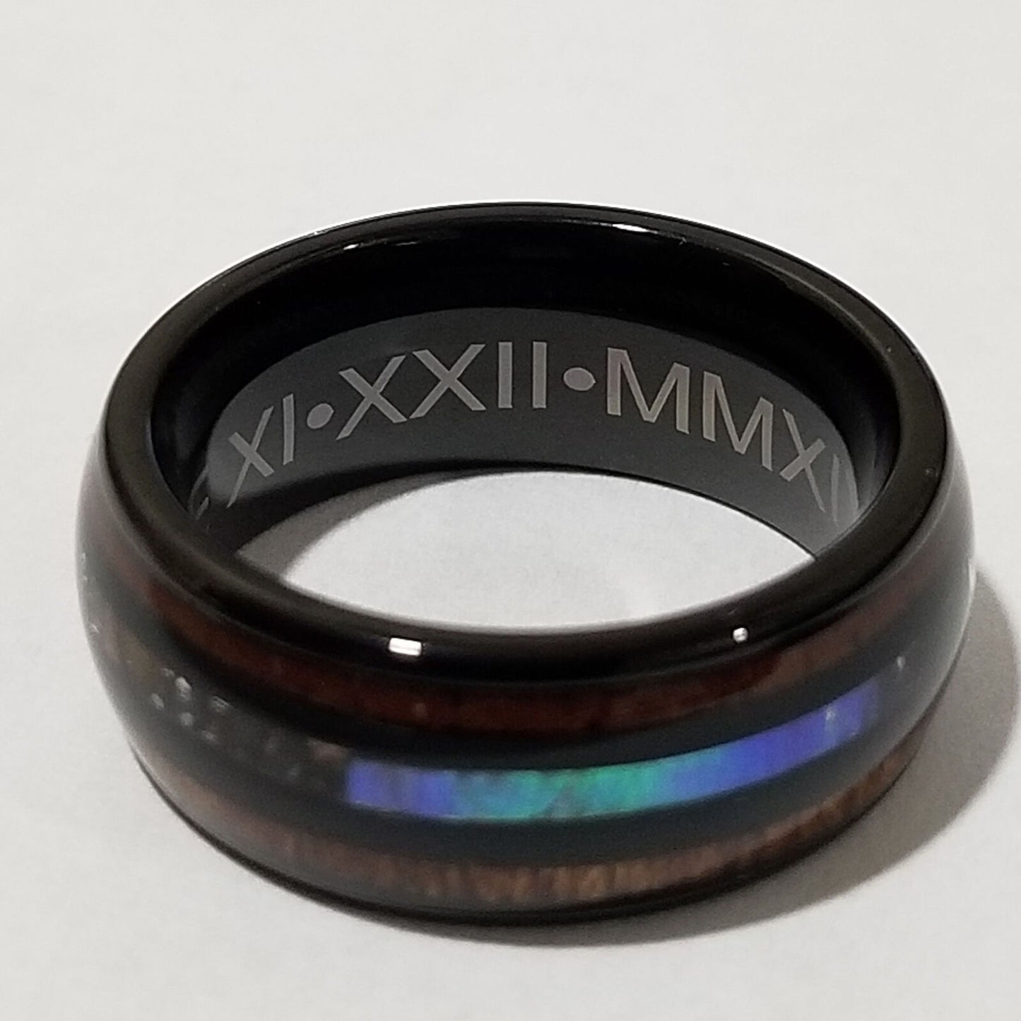 Custom Engraved Stainless Steel Abalone Inlay with Koa Wood or Faux Opal Ring