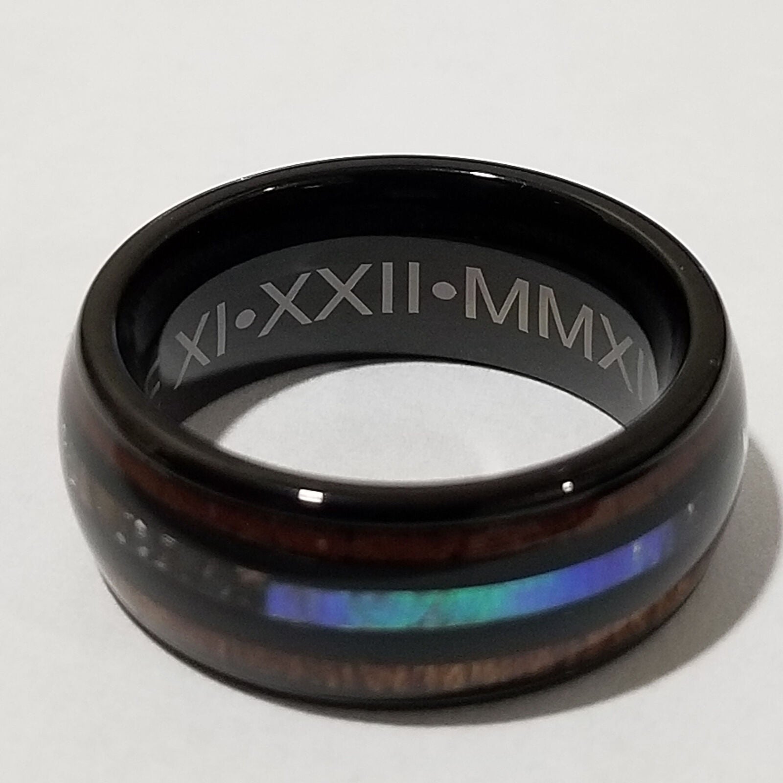 Custom Engraved Stainless Steel Abalone Inlay with Koa Wood or Faux Opal Ring