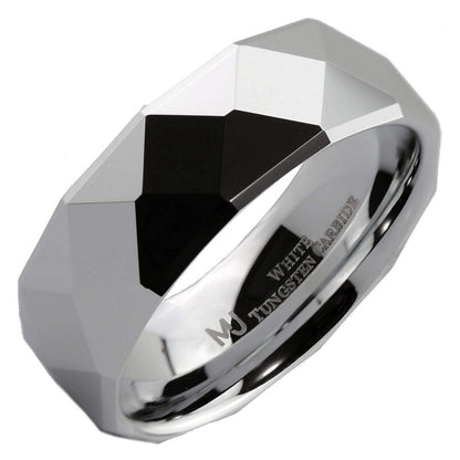 White Tungsten Carbide or Black Plated Multi Faceted Polished 6mm or 8mm Ring