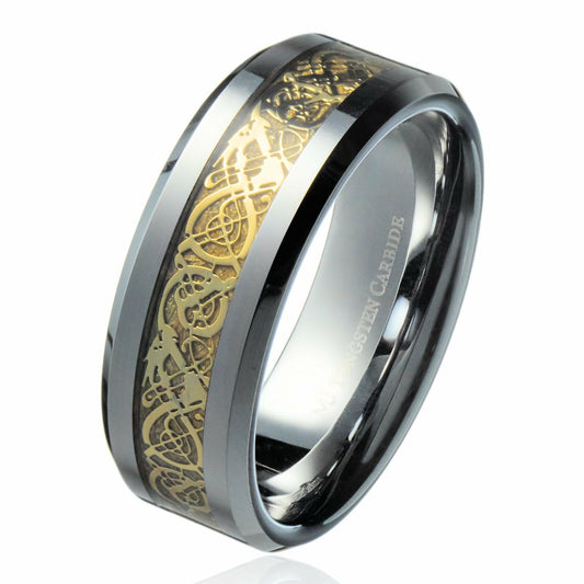 Tungsten Carbide Wedding Ring Styles Celtic Dragon Inlay comfort fit
