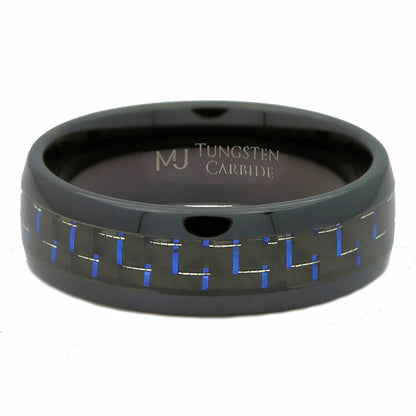Tungsten Carbide Black Plated 8 or 10mm with Black/Blue Carbon Fiber Inlay Ring