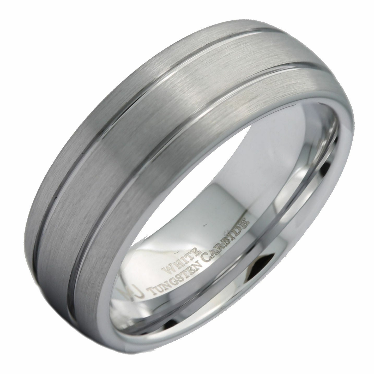 8mm White Tungsten Carbide Wedding Band 2 Grooves Brushed Dome Ring