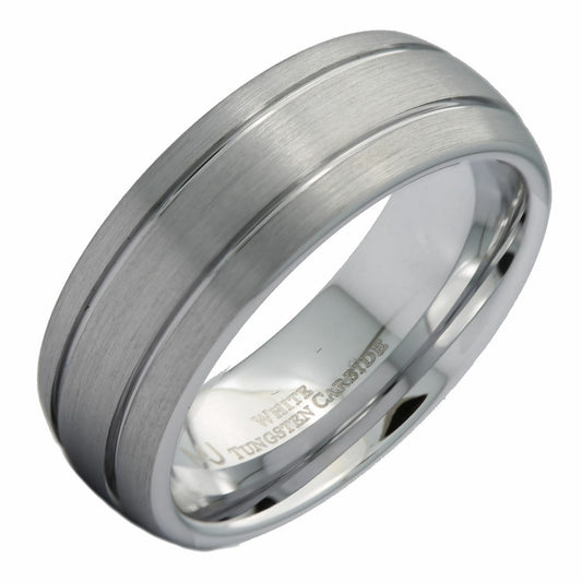 8mm White Tungsten Carbide Wedding Band 2 Grooves Brushed Dome Ring