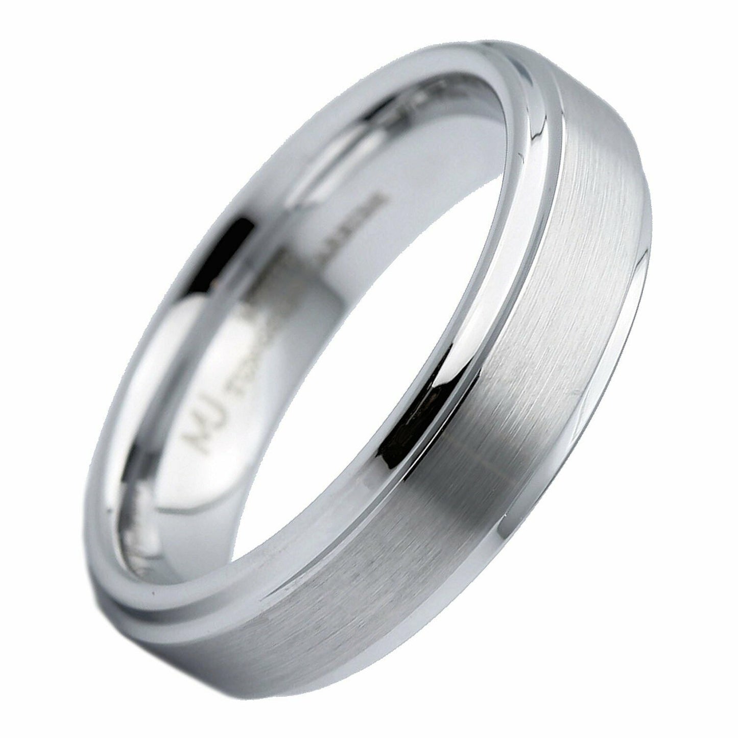White Tungsten Carbide Brushed Wedding Band Recessed Edge 6mm or 8mm Ring