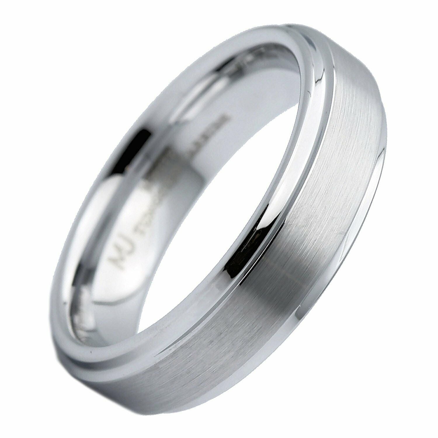 White Tungsten Carbide Brushed Wedding Band Recessed Edge 6mm or 8mm Ring