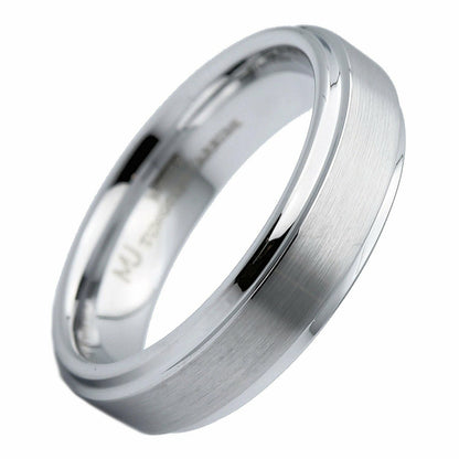 White Tungsten Carbide Brushed Wedding Band Recessed Edge 6mm or 8mm Ring