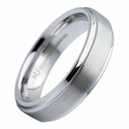 White Tungsten Carbide Brushed Wedding Band Recessed Edge 6mm or 8mm Ring