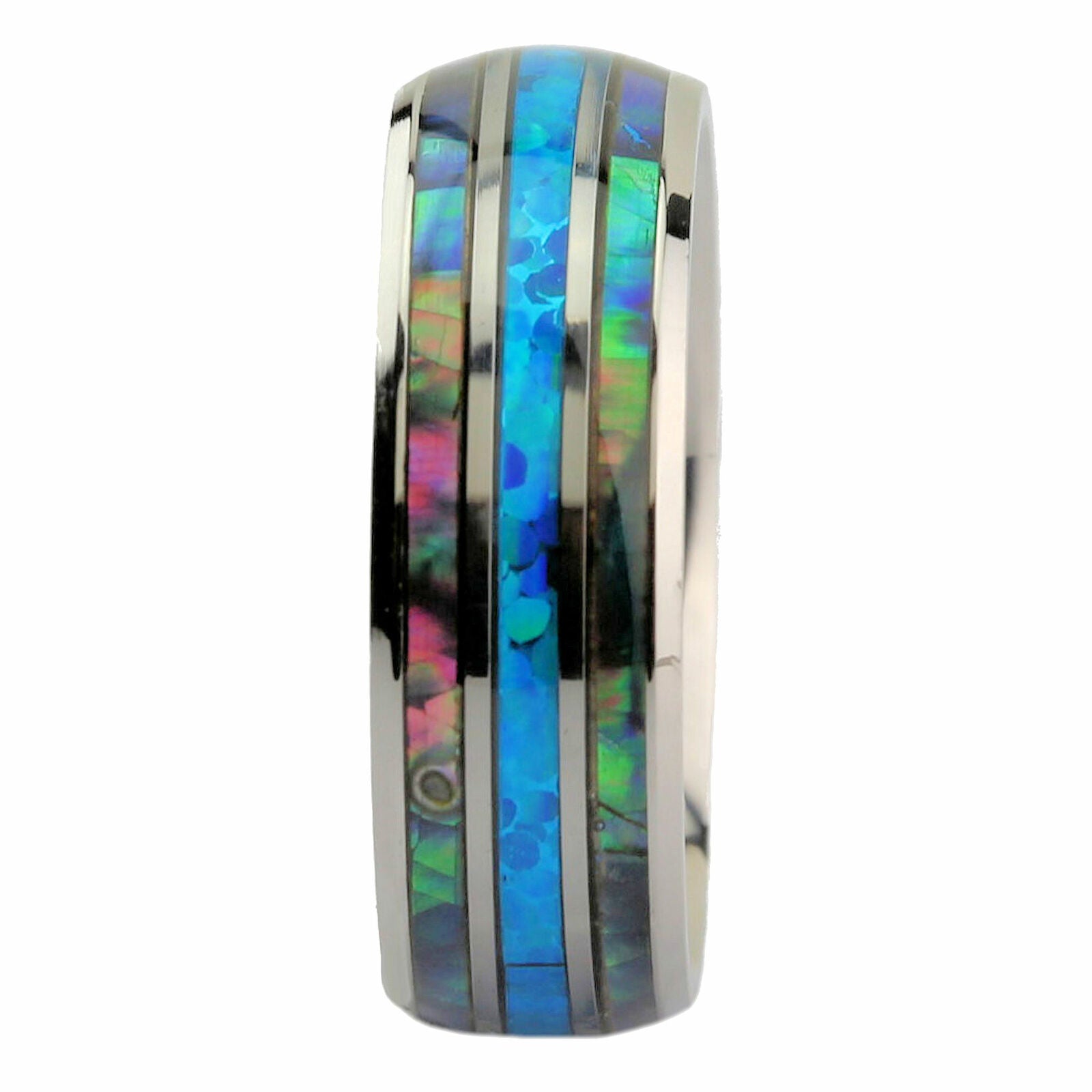 Custom Engraved Stainless Steel Abalone Inlay with Koa Wood or Faux Opal Ring