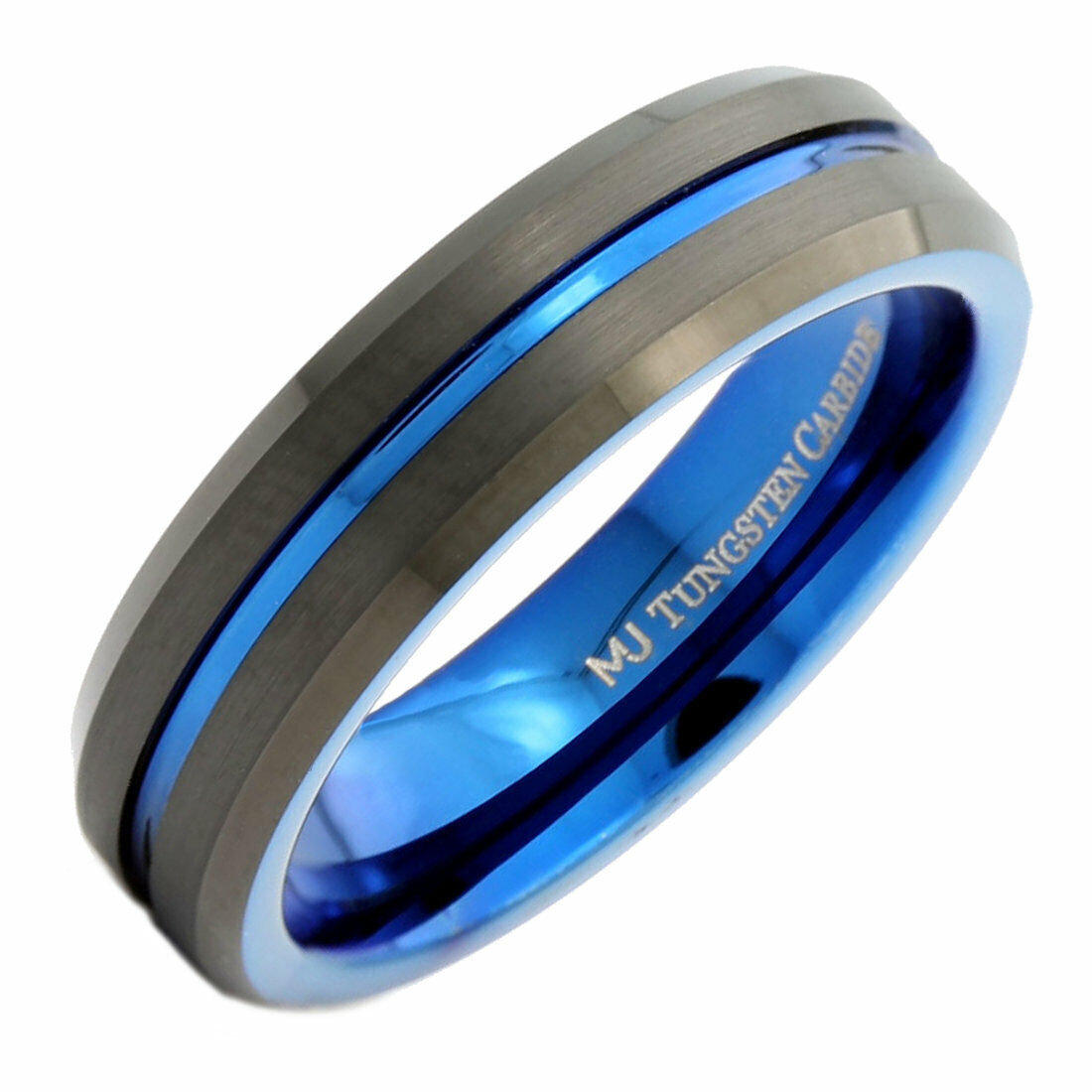 Tungsten Carbide 6mm or 8mm Band Blue Groove and Inside, Black Plated Ring