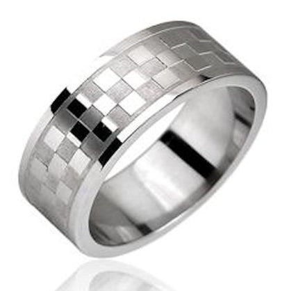 8mm Stainless Steel Checkerboard Pattern Polished Wedding Band Ring