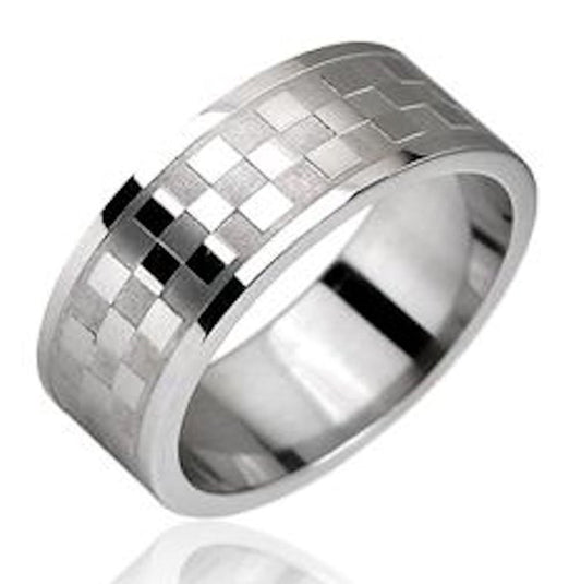 8mm Stainless Steel Checkerboard Pattern Polished Wedding Band Ring