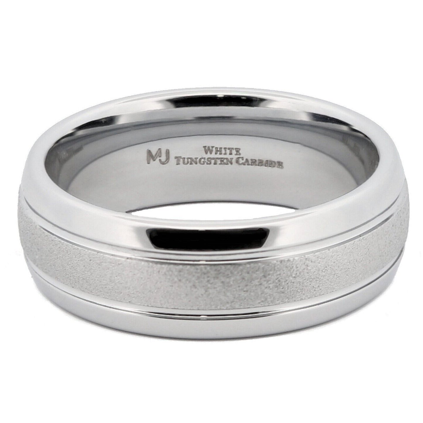 White Tungsten Carbide 6mm or 8mm Ring Sand Blasted Center Polished Edges