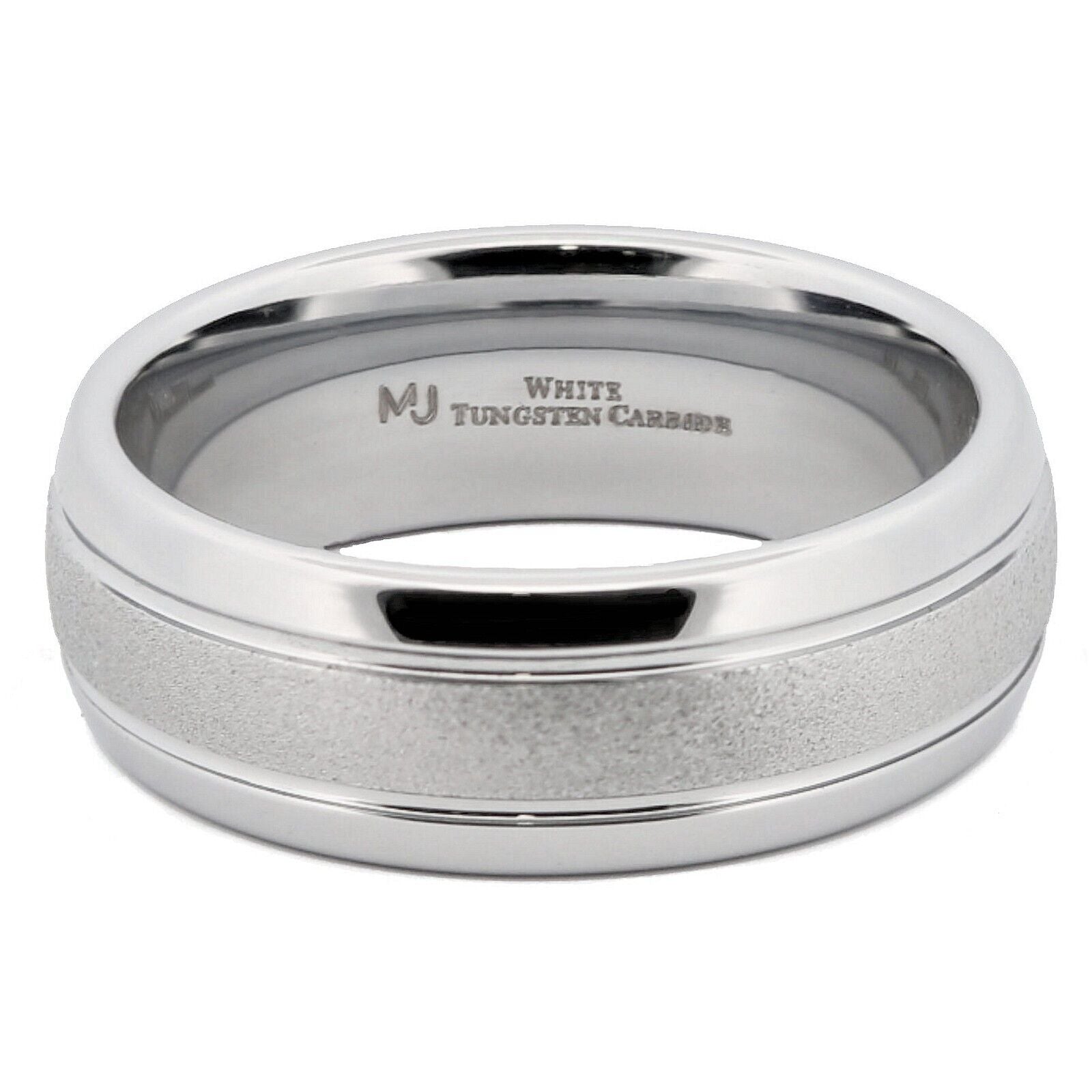 White Tungsten Carbide 6mm or 8mm Ring Sand Blasted Center Polished Edges