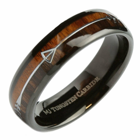 Koa & Pear Wood in Black Plated Tungsten Carbide Arrow Wedding Ring 6mm