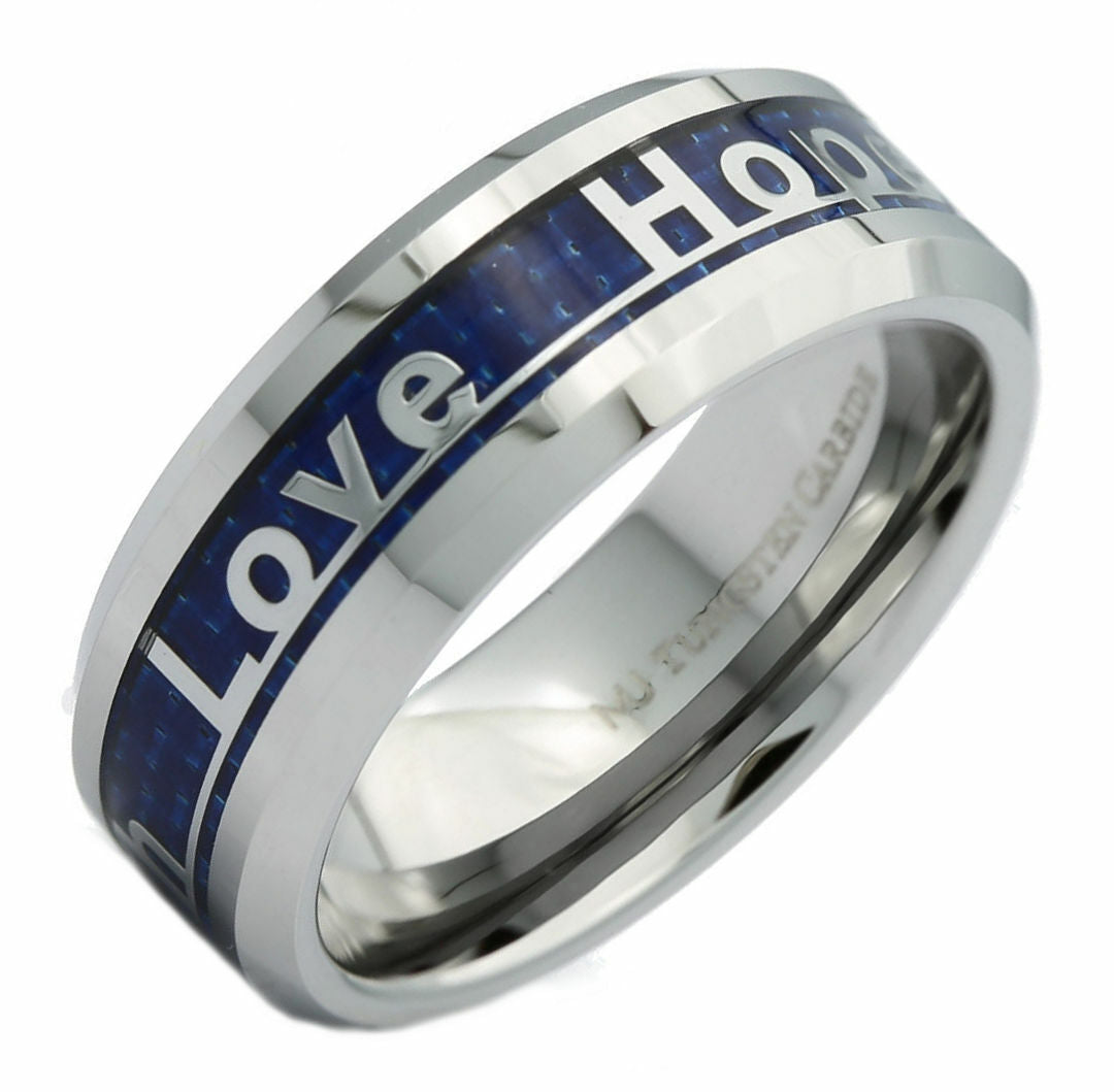 Faith Love Hope Ring Tungsten Carbide 6mm or 8mm Blue Carbon Fiber