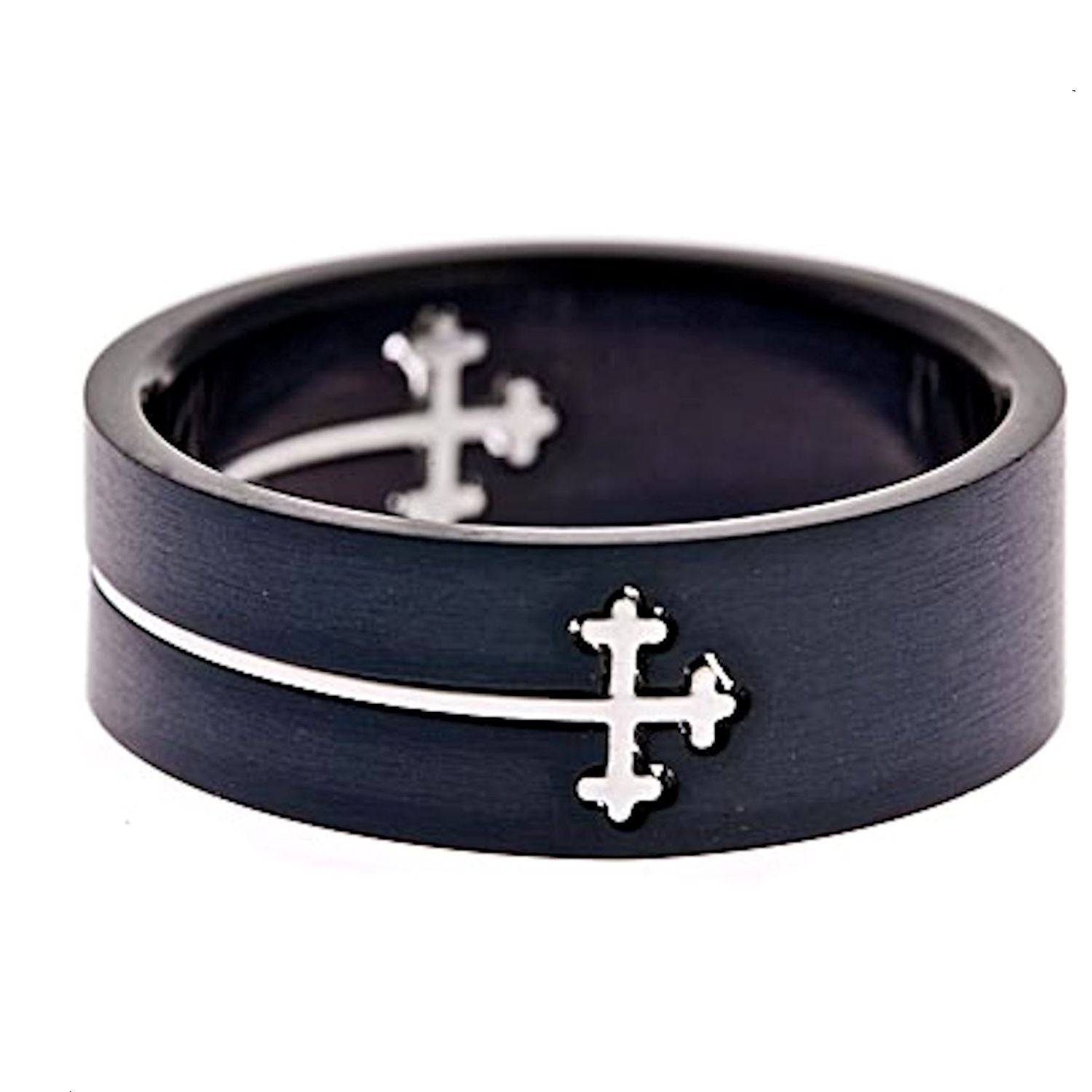 Laser Cut Surgical Grade Stainless Steel Black Plated Cross Cut Out Ring