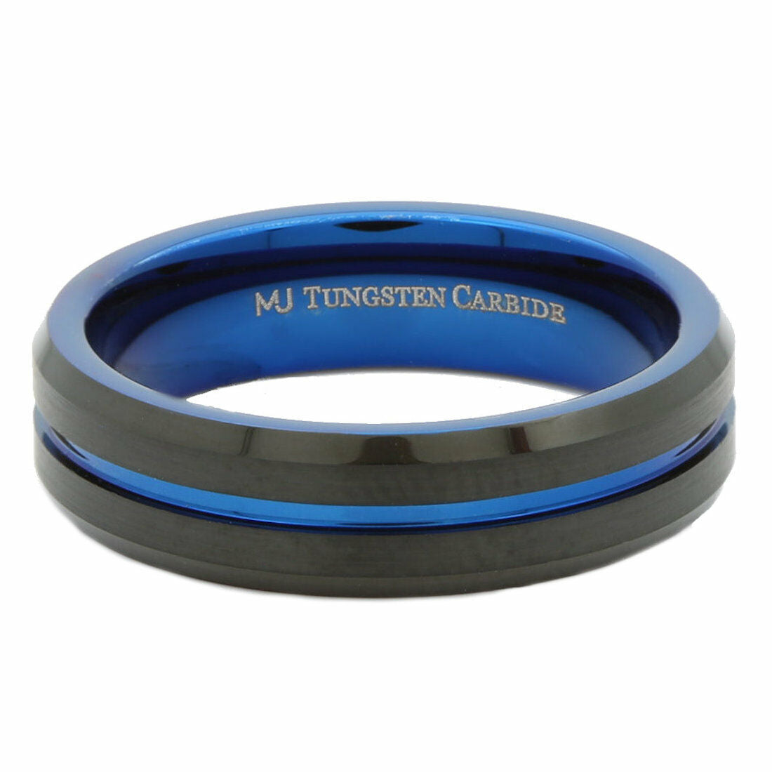 Tungsten Carbide 6mm or 8mm Band Blue Groove and Inside, Black Plated Ring