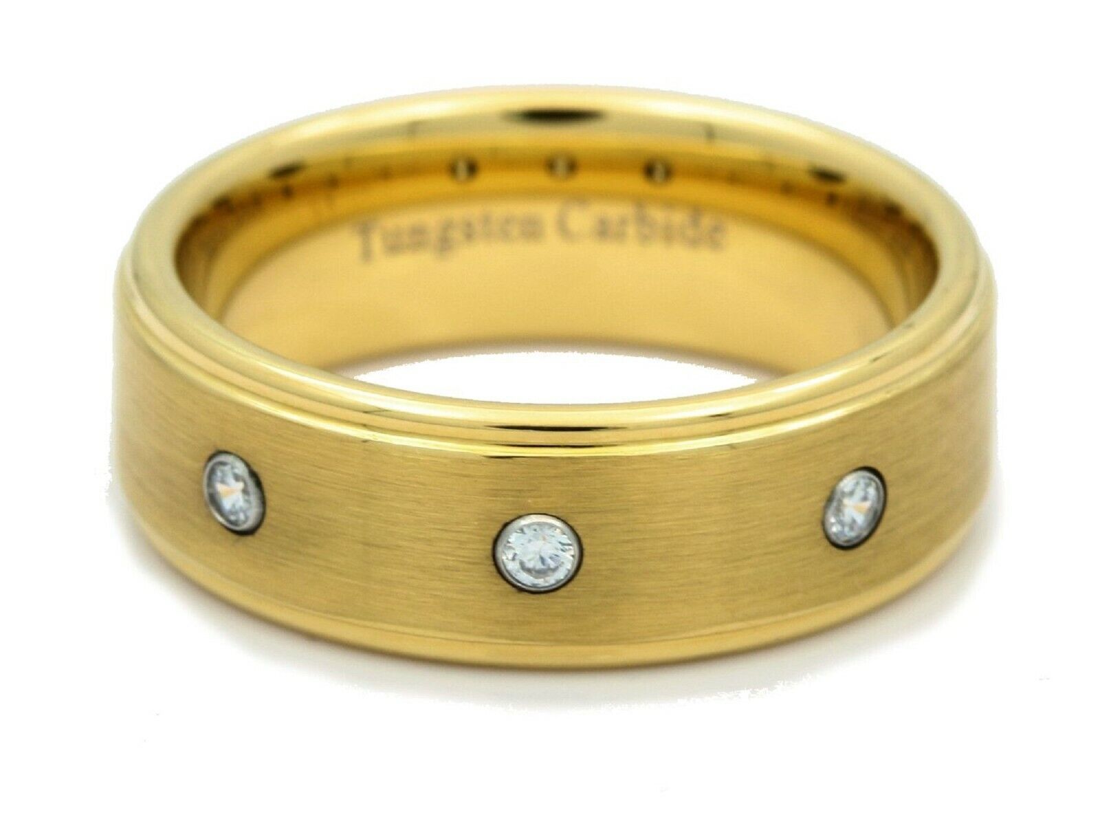 8mm Tungsten Carbide Wedding Ring 3 CZ Brushed Center Polished Edges