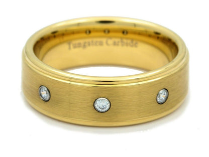 8mm Tungsten Carbide Wedding Ring 3 CZ Brushed Center Polished Edges