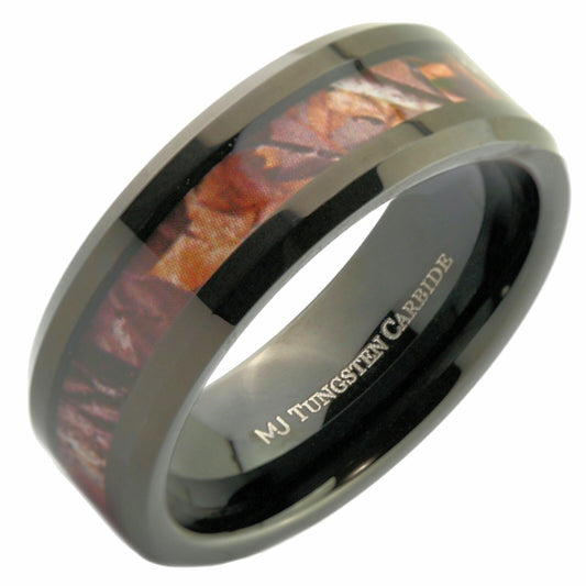 Tungsten Carbide 8mm Wedding Band Black Plated Camouflage Inlay Ring