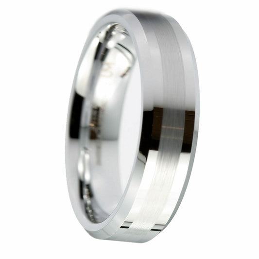 White Tungsten Carbide Center Brushed Recessed Sides Wedding Ring 6mm
