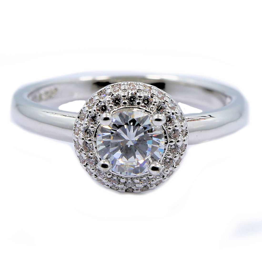 18K White Gold Plated Round Halo CZ Wedding Band Ring