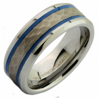 White Tungsten Carbide 8mm Hammered Center Blue Resin Striped Ring