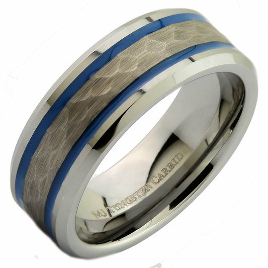 White Tungsten Carbide 8mm Hammered Center Blue Resin Striped Ring
