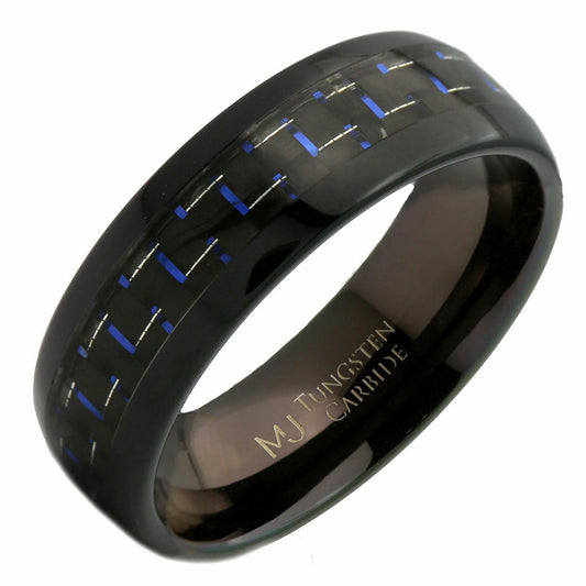 Tungsten Carbide Black Plated 8 or 10mm with Black/Blue Carbon Fiber Inlay Ring