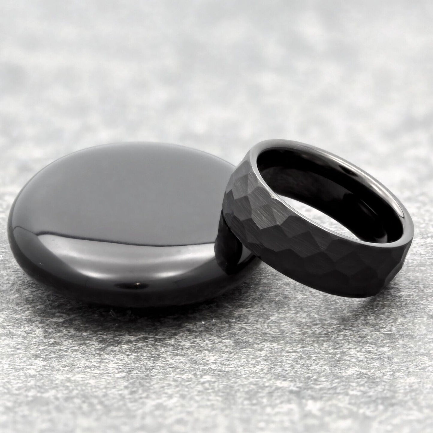 Tungsten Carbide 8mm Hammered Black Obsidian or Gold Plated Style Wedding Ring