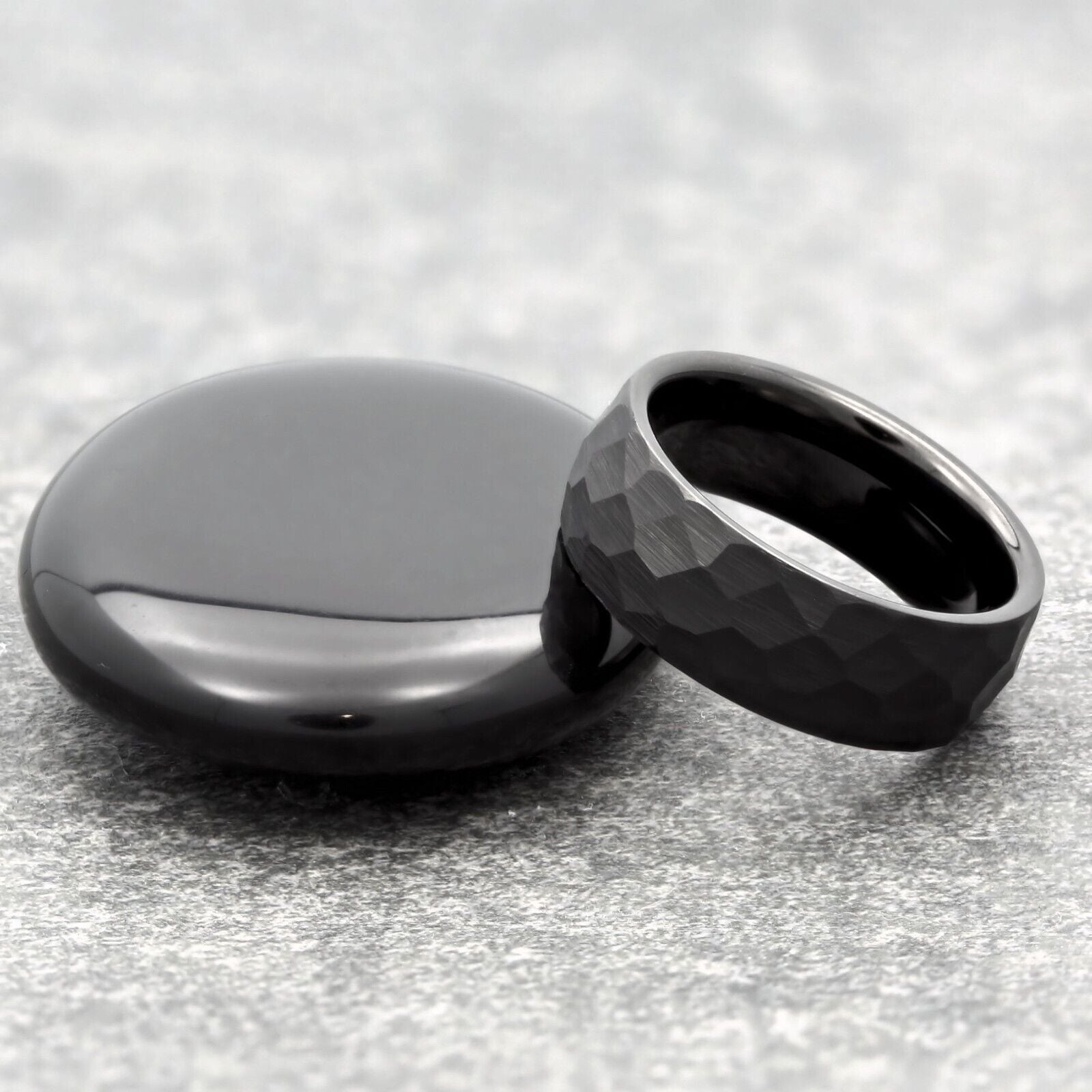 Tungsten Carbide 8mm Hammered Black Obsidian or Gold Plated Style Wedding Ring