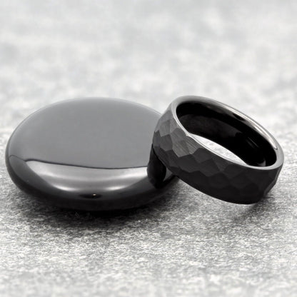Tungsten Carbide 8mm Hammered Black Obsidian or Gold Plated Style Wedding Ring