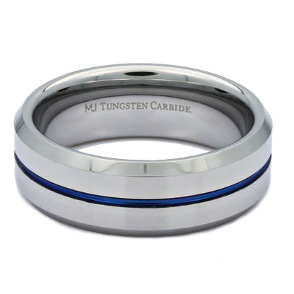Tungsten Carbide 8mm Wedding Band Blue Striped Center Ring