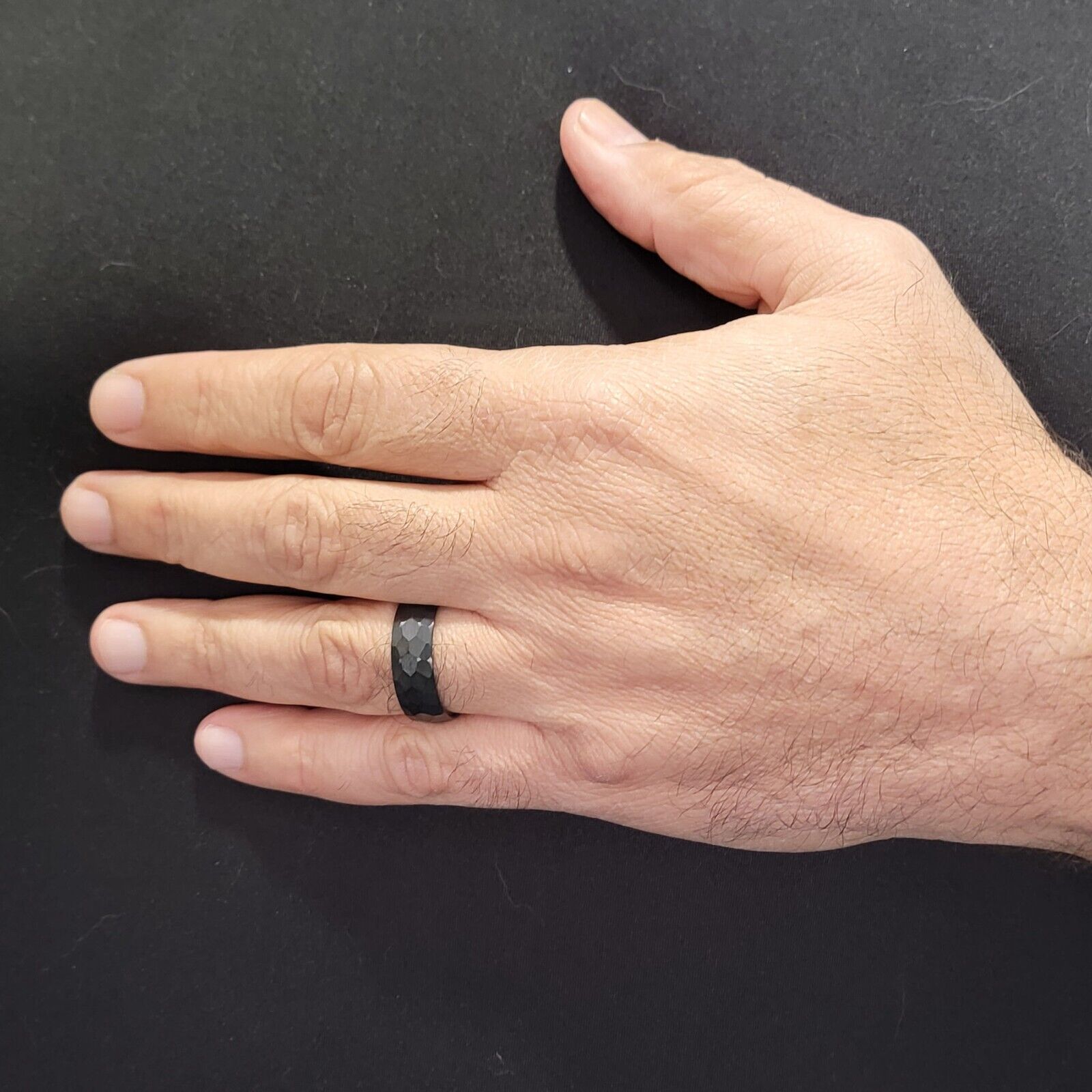 Tungsten Carbide 8mm Hammered Black Obsidian or Gold Plated Style Wedding Ring