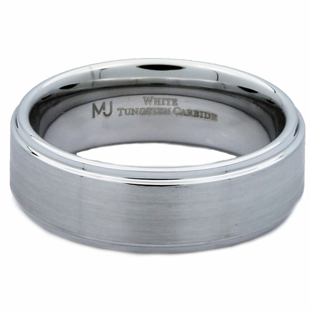White Tungsten Carbide Brushed Wedding Band Recessed Edge 6mm or 8mm Ring