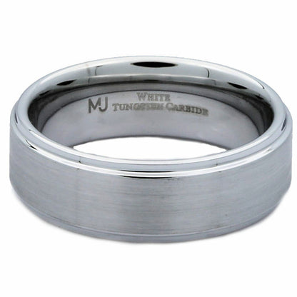 White Tungsten Carbide Brushed Wedding Band Recessed Edge 6mm or 8mm Ring
