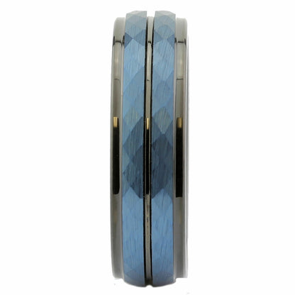 Tungsten Carbide 6 or 8mm Wedding Band Hammered Black and Blue Plated Ring