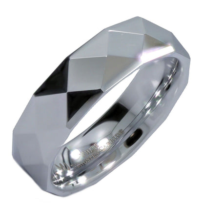 White Tungsten Carbide or Black Plated Multi Faceted Polished 6mm or 8mm Ring
