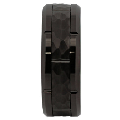Tungsten Carbide 8mm Band Brushed Hammered Brick Pattern Notched Edges Ring