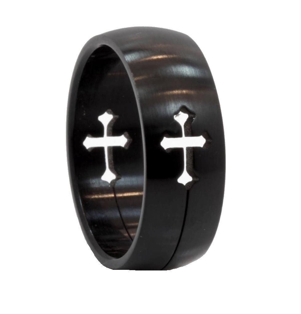 8mm Brushed Finished Stainless Steel Ring Cross Cut-Out ip Black