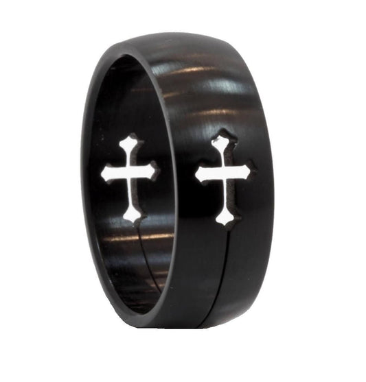 8mm Brushed Finished Stainless Steel Ring Cross Cut-Out ip Black