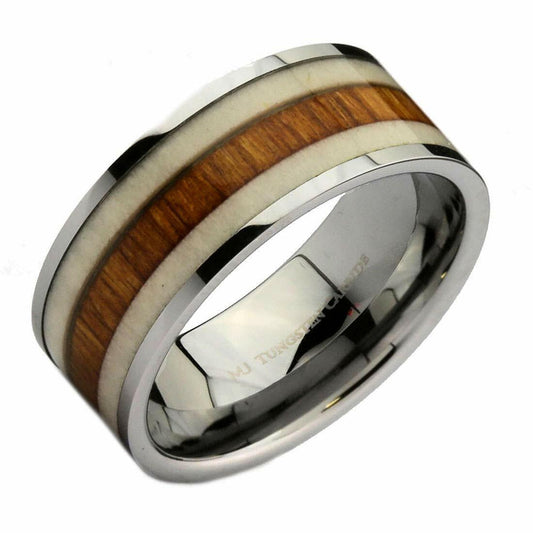 Deer Antler and Koa Wood Inlay Tungsten Carbide Wedding Band 9mm Ring