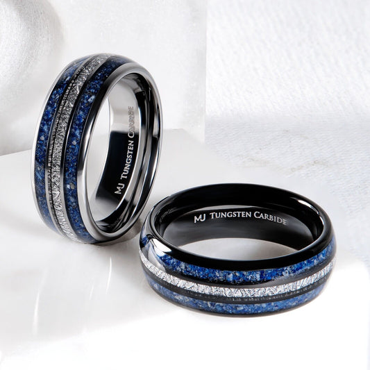 Tungsten Carbide 8mm Polished Finish with Lapis Lazuli and Faux Meteorite Inlay