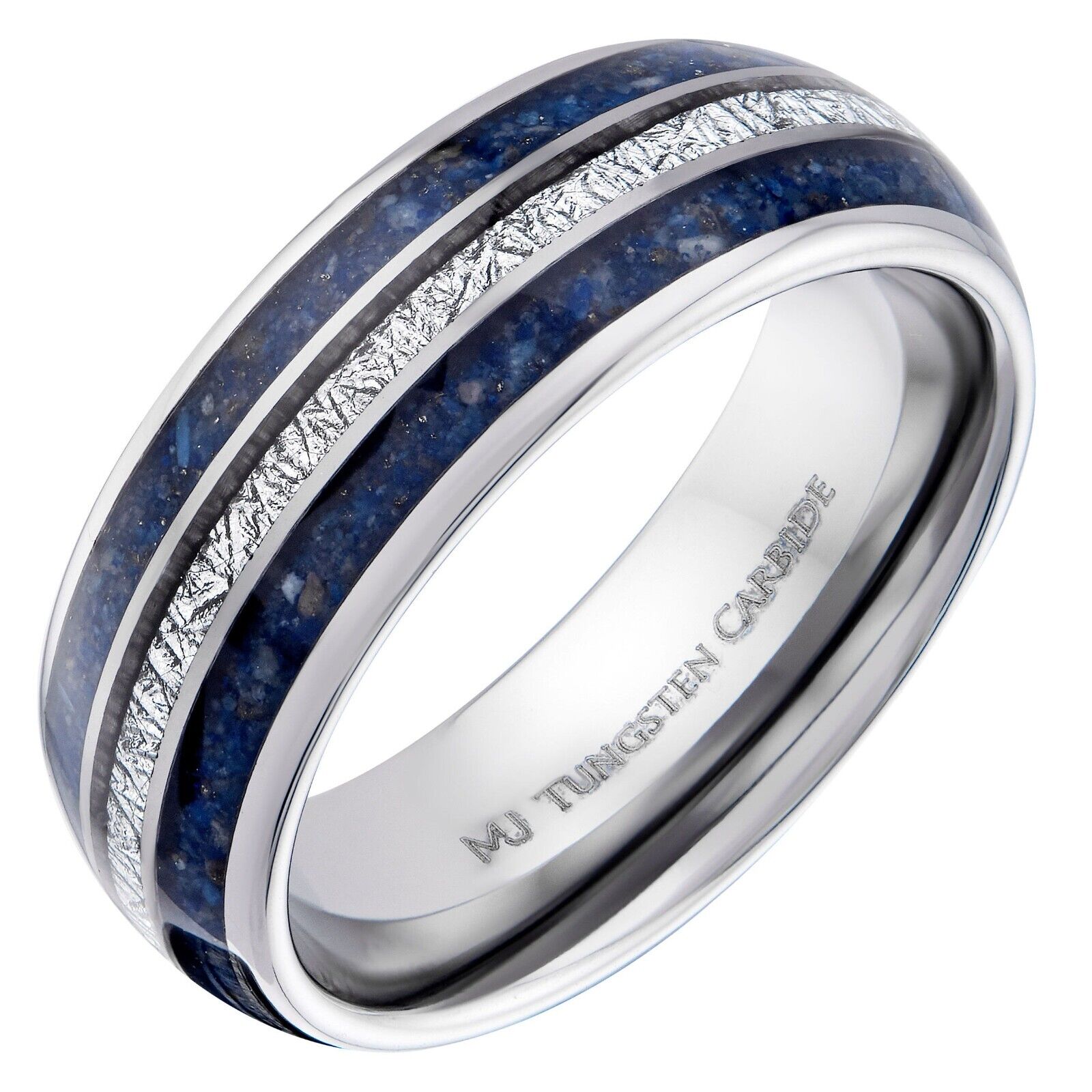 Tungsten Carbide 8mm Polished Finish with Lapis Lazuli and Faux Meteorite Inlay