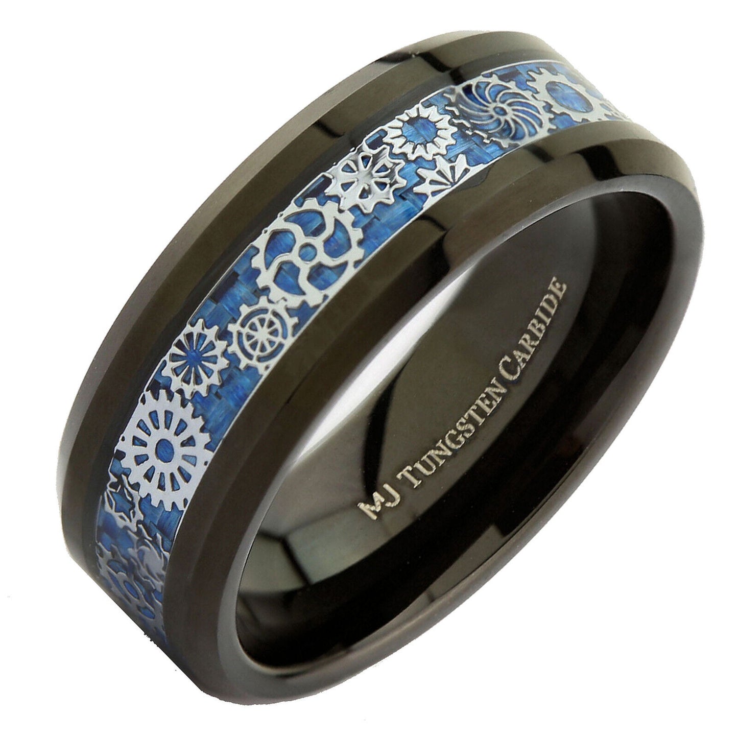 Steampunk Gear Inlay 8mm Polished or Black Plated Tungsten Carbide Wedding Ring